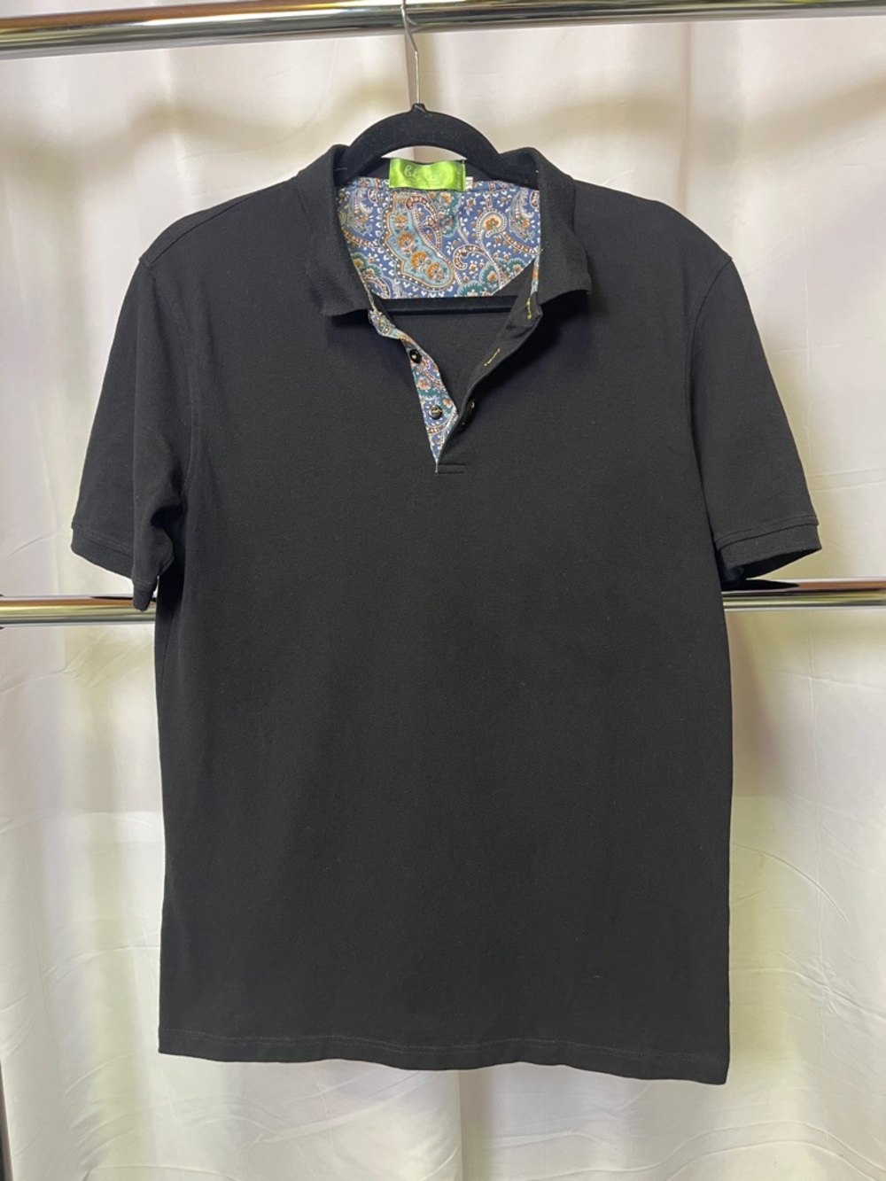 Blanc Men's Black Polo Shirt with Paisley Trim medium